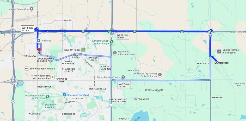 Map showing route from Ardrossan to Athlete's Choice Massage in Sherwood Park